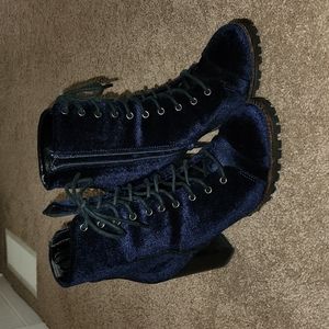 Blue velvet heeled boots